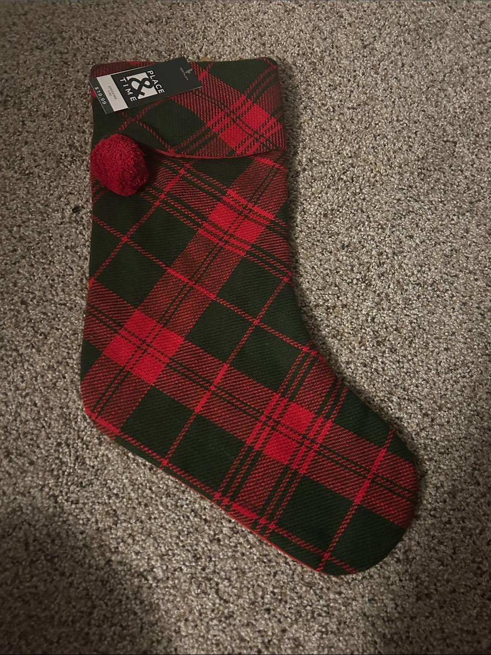 Multiple available Green and Red Plaid Holiday Stocking with Pom Pom